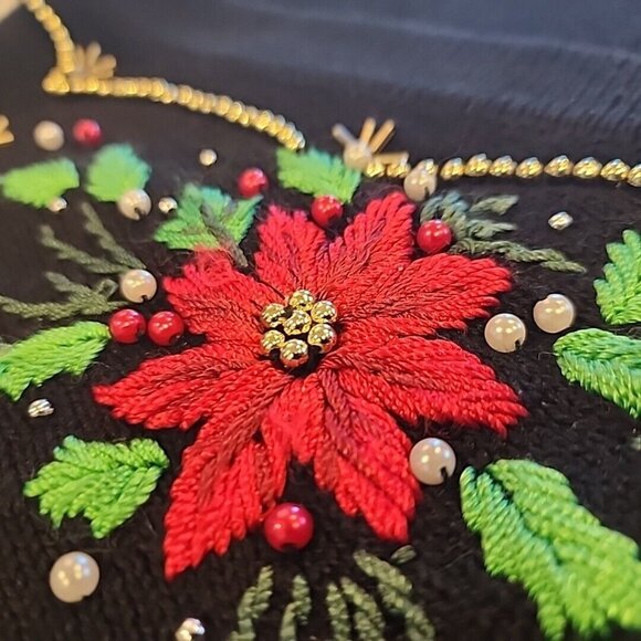 Embellished Christmas Button-up Cardigan Sweater Black Beaded Embroidery - Picture 3 of 8